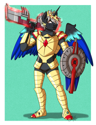 Size: 2700x3500 | Tagged: safe, artist:jack-pie, oc, oc only, alicorn, anthro, plantigrade anthro, alicorn oc, armor, commission, crossover, high res, male, shield, solo, transformers, weapon