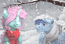 Size: 1250x850 | Tagged: safe, artist:marinavermilion, artist:vermilion, oc, oc only, oc:frosty snowcone, oc:scoops, pegasus, pony, unicorn, blaze (coat marking), clothes, coat markings, facial markings, female, freckles, grumpy, horn, laughing, male, mare, markings, scarf, smiling, snow, stallion, tree branch, wings