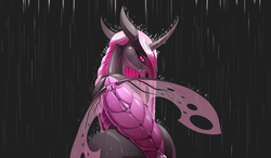 Size: 6000x3500 | Tagged: safe, artist:underpable, edit, oc, oc only, oc:esalen, changeling, changeling queen, changeling oc, changeling queen oc, fangs, female, looking back, misleading thumbnail, pink changeling, rain, smiling, solo, wallpaper, wallpaper edit
