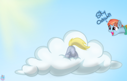 Size: 1843x1189 | Tagged: safe, artist:rainbow eevee, derpibooru exclusive, derpy hooves, windy whistles, ostrich, pegasus, pony, g4, atg 2019, cloud, crepuscular rays, derp, dialogue, duo, face down ass up, female, newbie artist training grounds, sky, sun, text