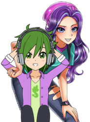 Size: 528x712 | Tagged: safe, artist:php45, artist:racoonsan, edit, spike, starlight glimmer, human, equestria girls, g4, anime, anime style, beanie, beanie hat, clothes, cute, duo, equestria girls outfit, female, glimmerbetes, hat, headphones, human spike, humanized, kisekae, looking at you, male, ship:sparlight, shipping, simple background, smiling, spikabetes, straight, torn clothes, transparent background, vector
