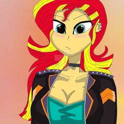 Size: 1280x1280 | Tagged: safe, artist:red4lightning, sunset shimmer, equestria girls, g4, blushing, breasts, cleavage, deviantart watermark, female, obtrusive watermark, solo, watermark