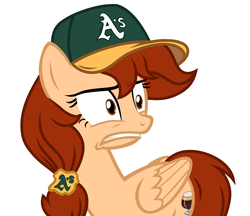 Size: 3594x3112 | Tagged: safe, artist:rioshi, artist:starshade, oc, oc only, oc:vanilla creame, pegasus, pony, baseball cap, cap, female, frown, hat, high res, mare, oakland athletics, simple background, solo, white background