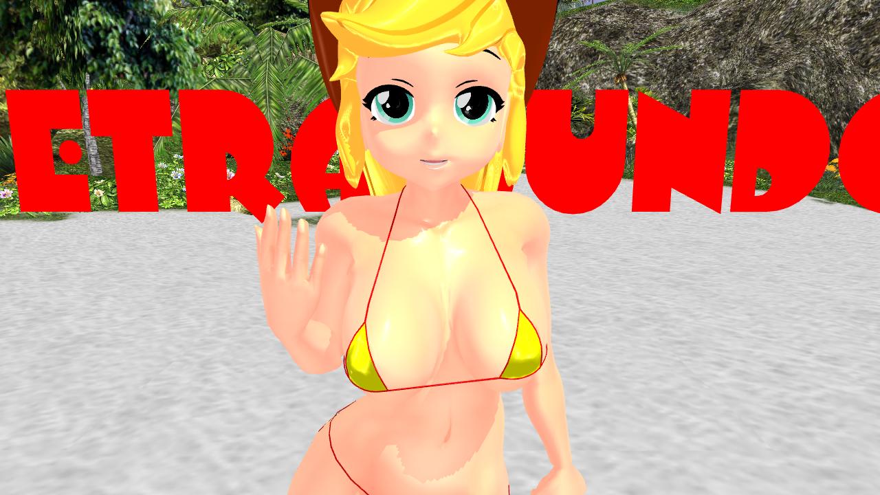 2089623 - suggestive, artist:tetramundo, applejack, human, g4, 3d, beach,  bikini, breasts, busty applejack, clothes, female, humanized, mmd, swimsuit  - Derpibooru