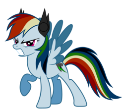 Size: 949x841 | Tagged: safe, artist:rdbrony16, artist:theinvertedshadow, rainbow dash, cyborg, pegasus, pony, elements of insanity, g4, angry, badass, evil, female, looking at you, mare, rainbine, raised hoof, simple background, solo, spread wings, transparent background, vector, wings