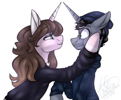 Size: 2363x1961 | Tagged: safe, artist:ggchristian, oc, oc only, oc:cindy, oc:zac, pony, unicorn, bedroom eyes, cinzac, clothes, female, hoodie, looking at each other, male, mare, simple background, stallion, white background