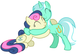 Size: 14000x10000 | Tagged: safe, artist:tardifice, bon bon, lyra heartstrings, sweetie drops, earth pony, pony, unicorn, g4, season 8, the break up breakdown, ^^, absurd resolution, bipedal, eyes closed, female, horn, hug, mare, ship:lyrabon, shipping, simple background, smiling, tail, transparent background, two toned mane, two toned tail, vector