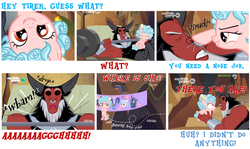 Size: 1750x1044 | Tagged: safe, edit, edited screencap, screencap, cozy glow, grogar, lord tirek, queen chrysalis, centaur, changeling, pegasus, pony, frenemies (episode), g4, bow, comic, cozybetes, cute, descriptive noise, dialogue, discovery family logo, disguise, disguised changeling, female, filly, foal, freckles, hitting, horse noises, innocent, legion of doom, male, nose piercing, nose ring, piercing, screencap comic, septum piercing, smug, text, this will end in death, this will end in tears, this will end in tears and/or death