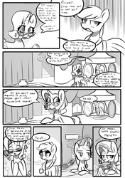 Size: 1493x2125 | Tagged: safe, artist:provolonepone, applejack, rarity, earth pony, pony, unicorn, comic:a sapphic story, g4, carousel boutique, clothes, comic, cute, dress, glasses, implied lesbian, jackabetes, monochrome, raribetes, rarity's glasses