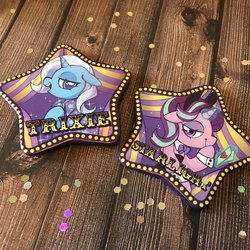 Size: 1024x1024 | Tagged: safe, artist:techycutie, starlight glimmer, trixie, pony, unicorn, g4, bunny ears, bunny suit, button, card, clothes, confetti, wood