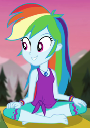 Size: 525x740 | Tagged: safe, screencap, rainbow dash, equestria girls, g4, my little pony equestria girls: choose your own ending, wake up!, wake up!: rainbow dash, barefoot, blue skin, clothes, cute, dashabetes, feet, female, geode of super speed, grin, jewelry, knot, looking at someone, magical geodes, multicolored hair, necklace, pants, pink eyes, rainbow hair, shirt, sleeveless, sleeveless shirt, smiling, solo, tank top, teeth, wristband, yoga, yoga mat, yoga pants