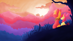 Size: 1920x1080 | Tagged: safe, artist:simonk0, apple bloom, big macintosh, earth pony, pony, g4, bow, brother and sister, duo, female, filly, foal, hair bow, hooves, lineless, male, siblings, silhouette, sitting, stallion, sunset, tree, wallpaper