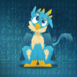 Size: 4000x4000 | Tagged: safe, artist:sol-r, gallus, griffon, g4, absurd resolution, blue background, cheek fluff, chest fluff, claws, confused, cute, digital art, fluffy, gallabetes, looking up, male, paws, raised eyebrow, simple background, solo, tail, wings