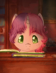 Size: 1280x1679 | Tagged: safe, artist:plotcore, sweetie belle, pony, unicorn, g4, alternate hairstyle, book, bust, cute, female, filly, front view, full face view, indoors, looking down, newbie artist training grounds, reading, solo