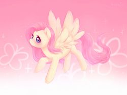 Size: 1024x769 | Tagged: safe, artist:hancia, fluttershy, pegasus, pony, g4, blushing, cute, female, looking at you, mare, pink background, shyabetes, simple background, solo, sparkles, spread wings, three quarter view, wings
