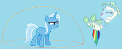 Size: 1846x752 | Tagged: safe, artist:guihercharly, rainbow dash, trixie, pony, unicorn, g4, angry, astrodash, astronaut, butt, clothes, costume, female, funny, glass dome, laughing, mare, plot, practical joke, space helmet, spacesuit