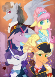 Size: 2598x3626 | Tagged: safe, artist:magicbalance, applejack, fluttershy, rainbow dash, rarity, twilight sparkle, alicorn, pony, the count of monte rainbow, g4, angry, bow, bowtie, clothes, dress, ear piercing, earring, gala dress, hat, high res, i know those eyes, jewelry, magic, mole, money, piercing, rule 63, sparkles, the count of monte cristo, tiara, twilight sparkle (alicorn)
