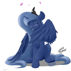 Size: 3000x3000 | Tagged: safe, artist:skitsroom, princess luna, alicorn, pony, g4, cheek fluff, chest fluff, cute, ear fluff, eyes closed, female, heart, high res, leg fluff, lunabetes, mare, onomatopoeia, simple background, sitting, smiling, solo, sound effects, white background, wing fluff