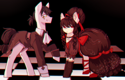 Size: 1092x705 | Tagged: safe, artist:qiwiq, oc, oc only, pony, bow, chessboard, choker, chromatic aberration, clothes, coat, dress, duo, gothic, gothic lolita, lolita fashion, ponytail, red eyes, shoes