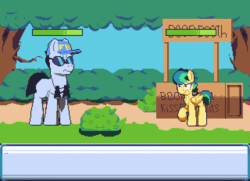 Size: 640x464 | Tagged: safe, artist:dinexistente, oc, oc only, oc:apogee, earth pony, pegasus, pony, animated, apogees boop booth, boop booth, fbi, female, filly, game, gif, kissing booth, male, pixel art, rpg battle, stallion, tax evasion