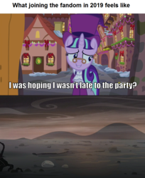 Size: 837x1024 | Tagged: safe, edit, edited screencap, screencap, snowfall frost, starlight glimmer, pony, a hearth's warming tail, g4, the cutie re-mark, alternate timeline, ashlands timeline, barren, caption, end of ponies, image macro, implied genocide, post-apocalyptic, text, the end is neigh