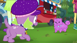Size: 720x402 | Tagged: safe, screencap, aqua blossom, orange sunrise, princess thunder guts, spike, spike the regular dog, dog, equestria girls, g4, lost and pound, lost and pound: spike, my little pony equestria girls: choose your own ending, background human, butt, dragonbutt, female, male, plot, spike's dog collar, spike's festival hat, tail