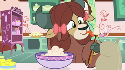Size: 1280x720 | Tagged: safe, screencap, yona, yak, g4, she's all yak, batter, bow, bowl, cloven hooves, cute, eating, female, food, hair bow, herbivore, lemon, licking, monkey swings, pie, solo, spoon, tongue out, yonadorable