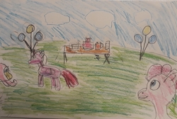 Size: 801x537 | Tagged: safe, artist:joeydr, fluttershy, pinkie pie, twilight sparkle, alicorn, pegasus, pony, g4, balloon, cake, cloud, cup, female, food, mare, newbie artist training grounds, outdoors, party, pitcher, plate, signature, table, traditional art, twilight sparkle (alicorn)