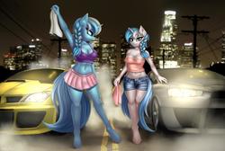 Size: 2000x1343 | Tagged: safe, artist:lightly-san, oc, oc only, oc:coldsnap, oc:frostbite, unicorn, anthro, unguligrade anthro, anthro oc, armpits, belly button, braid, car, city, clothes, denim shorts, female, los angeles, mare, midriff, mitsubishi, mitsubishi lancer evolution x, need for speed, need for speed underground 2, ponytail, siblings, sisters, skirt, subaru, subaru impreza, tank top, telephone pole, tube top, twin sisters, twins