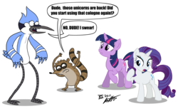 Size: 1280x784 | Tagged: safe, artist:glamourkat, rarity, twilight sparkle, pony, unicorn, g4, crossover, male, regular show, simple background, speech bubble, text, transparent background, unicorn twilight