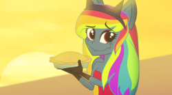 Size: 1938x1080 | Tagged: safe, artist:galacticflashd, rainbow dash, equestria girls, g4, secrets and pies, adorapiehater, alternate hairstyle, alternate universe, clothes, cute, dashabetes, equestria girls-ified, evening gloves, evil pie hater dash, eyeshadow, fake smile, female, food, gloves, long gloves, looking at you, makeup, pie, smiling, solo, sun