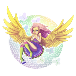 Size: 1500x1500 | Tagged: safe, artist:bel-assa, fluttershy, butterfly, human, g4, abstract background, female, humanized, simple background, sleeveless, solo, transparent background, winged humanization, wings
