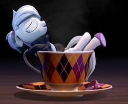 Size: 2606x2106 | Tagged: safe, artist:rexyseven, oc, oc only, oc:whispy slippers, earth pony, pony, 3d, clothes, cup, cup of pony, female, high res, mare, micro, socks, solo, sweater, teacup