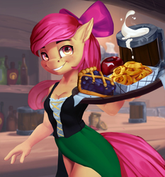 Size: 2450x2627 | Tagged: safe, artist:holymeh, apple bloom, earth pony, anthro, g4, bar maid, bow, breasts, busty apple bloom, cleavage, clothes, dirndl, dress, female, food, hair bow, high res, mare, older, older apple bloom, pie, solo, tavern, waitress