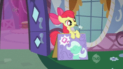 Size: 1280x720 | Tagged: safe, screencap, apple bloom, scootaloo, sweetie belle, vera, earth pony, pegasus, pony, unicorn, g4, season 1, the show stoppers, afro, animated, bell, carousel boutique, clown hair, crying, cutie mark crusaders, female, hub logo, not rarity, running, sound, spa pony, the hub, webm