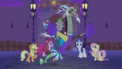 Size: 1920x1080 | Tagged: safe, screencap, applejack, discord, fluttershy, pinkie pie, rarity, spike, draconequus, dragon, earth pony, pegasus, pony, unicorn, g4, the summer sun setback, cheerleader discord, cheerleader outfit, crossdressing, winged spike, wings