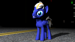 Size: 1920x1080 | Tagged: safe, derpibooru exclusive, oc, oc only, oc:electric blue, pegasus, pony, 3d, dead inside, head tilt, insanity, keep calm and carry on, road, smiling, solo, source filmmaker