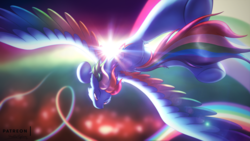 Size: 2880x1620 | Tagged: safe, artist:shad0w-galaxy, rainbow dash, pegasus, pony, g4, featureless crotch, female, flying, mare, patreon, patreon logo, rainbow, solo, space, spread wings, sunset, underhoof, wings