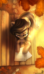 Size: 1500x2500 | Tagged: safe, artist:jedayskayvoker, octavia melody, earth pony, pony, g4, autumn, bench, female, leaves, mare, mouth hold, overhead view, paper, patreon, patreon logo, pencil, prone, solo