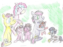 Size: 1574x1171 | Tagged: safe, artist:ptitemouette, oc, oc:cheese cake, oc:cheese party, oc:clever pie, oc:coquillage, oc:jean pierre, oc:rock skull, oc:surprise, hippogriff, hybrid, pony, adopted offspring, baby, baby pony, cousins, crack ship offspring, female, interspecies offspring, magical lesbian spawn, offspring, parent:cheerilee, parent:cheese sandwich, parent:gilda, parent:limestone pie, parent:marble pie, parent:maud pie, parent:mud briar, parent:pinkie pie, parent:princess skystar, parents:cheesepie, parents:gildastone, parents:marbilee, parents:maudbriar, parents:skypie, siblings, sisters