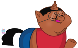 Size: 1478x909 | Tagged: safe, artist:hotdiggedydemon, artist:rainbow eevee, pony, unicorn, cleveland brown jr., clothes, crossover, derp, eyes closed, fat, glasses, not salmon, open clothes, open mouth, ponified, raised hoof, shirt, short hair, shorts, simple background, solo, the cleveland show, trace, transparent background, wat, what has magic done, what has science done