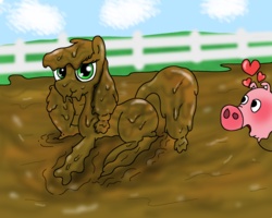 Size: 2000x1600 | Tagged: safe, artist:amateur-draw, applejack, earth pony, pig, pony, g4, covered in mud, female, hat, lying down, mare, mud, mud bath, mud pony, muddy, pig pen, prone, solo, wet and messy