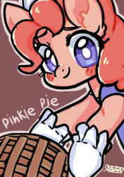 Size: 2000x2835 | Tagged: safe, artist:choyamy, pinkie pie, earth pony, pony, g4, blushing, brown background, clothes, cute, diapinkes, ear fluff, female, food, high res, looking at you, mare, oven mitts, pie, simple background, solo
