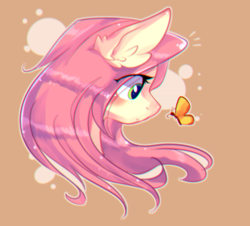 Size: 799x722 | Tagged: safe, artist:dddreamdraw, fluttershy, butterfly, pony, g4, blushing, bust, cute, ear fluff, eye clipping through hair, female, head only, looking at something, portrait, profile, shyabetes, solo