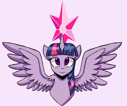Size: 1800x1500 | Tagged: safe, artist:ponime11, part of a set, twilight sparkle, alicorn, pony, g4, bust, cute, cutie mark, female, mare, portrait, purple background, simple background, solo, spread wings, twiabetes, twilight sparkle (alicorn), twilight's cutie mark, wings