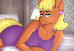 Size: 2100x1450 | Tagged: safe, artist:kurutyan, ms. harshwhinny, anthro, g4, bed, bedroom eyes, cute, ear fluff, ear piercing, earring, eyebrows, eyebrows visible through hair, female, jewelry, looking at you, on bed, piercing, sexy, solo, ych result
