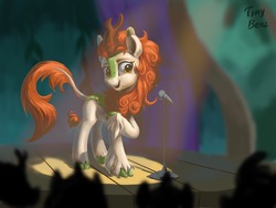 Size: 2048x1536 | Tagged: safe, artist:tinybenz, autumn blaze, kirin, g4, sounds of silence, audience, awwtumn blaze, cloven hooves, cute, female, leg fluff, leonine tail, microphone, open mouth, quadrupedal, scene interpretation, solo focus, stage, stand-up comedy