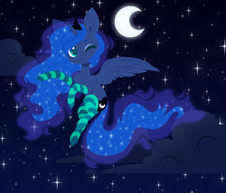 Size: 5250x4500 | Tagged: safe, artist:belka-sempai, princess luna, alicorn, pony, g4, absurd resolution, chest fluff, clothes, crescent moon, cute, ethereal mane, female, flying, kneesocks, leg fluff, lunabetes, mare, moon, night, one eye closed, sky, socks, solo, starry mane, starry night, stars, striped socks, thigh highs, transparent moon, wink