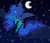 Size: 5250x4500 | Tagged: safe, artist:belka-sempai, princess luna, alicorn, pony, g4, absurd resolution, chest fluff, clothes, crescent moon, cute, ethereal mane, female, flying, kneesocks, leg fluff, lunabetes, mare, moon, night, one eye closed, sky, socks, solo, starry mane, starry night, stars, striped socks, thigh highs, transparent moon, wink