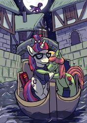 Size: 1920x2716 | Tagged: safe, artist:lizardwithhat, mare do well, moondancer, tree hugger, earth pony, pony, unicorn, g4, boat, book, city, detailed background, eyes closed, female, hug, moon, water
